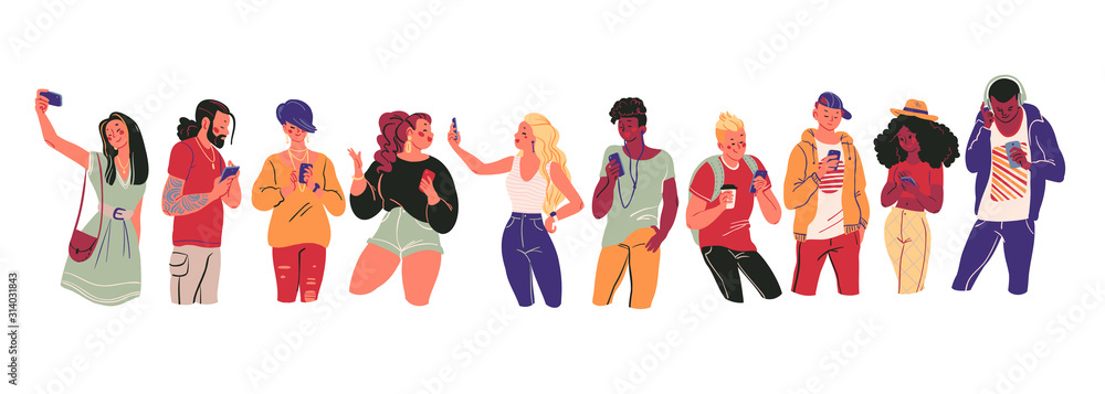 Portrait of group of young teens in stylish clothes with smartphones taking photo, making selfie, texting and surfing in internet isolated on white background. Vector flat illustration.
