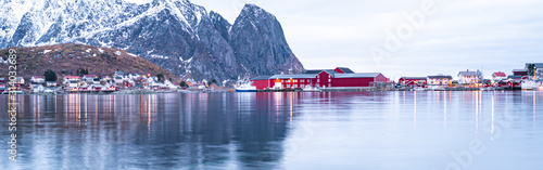 Village reflection on the northern sea, scandinavian panoramic coastline