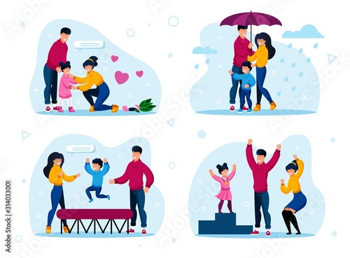 Happy Family Routines and Activities Trendy Flat Vector Concepts Set. Parents Calming Down Crying Daughter, Walking Under Umbrella in Rain, Jumping on Trampoline, Celebrating Kids Victory Illustration