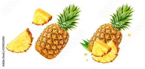 Fototapeta Naklejka Na Ścianę i Meble -  Fresh ripe pineapple fruit, pineapple fruit slices isolated. Juicy fruit design elements composition with focus stacking, white background. Tasty raw whole tropical fruit, healthy nutrition concept