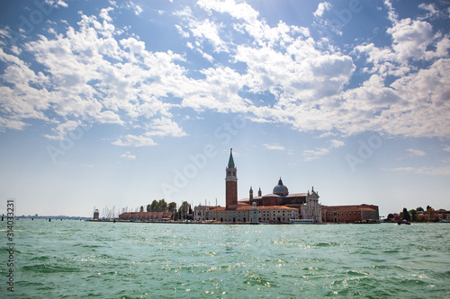 Panoramic view from water to San Giorgio Maggiore, Venice Italy.