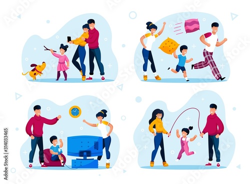 Happy Parenthood Scenes, Children Education and Discipline Trendy Flat Vector Concepts Set. Parents and Child Playing with Dog, Fighting with Pillows, Playing Video Games, Jumping on Rope Illustration