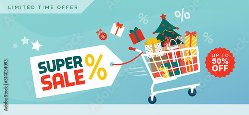 Christmas promotional sales banner with shopping cart