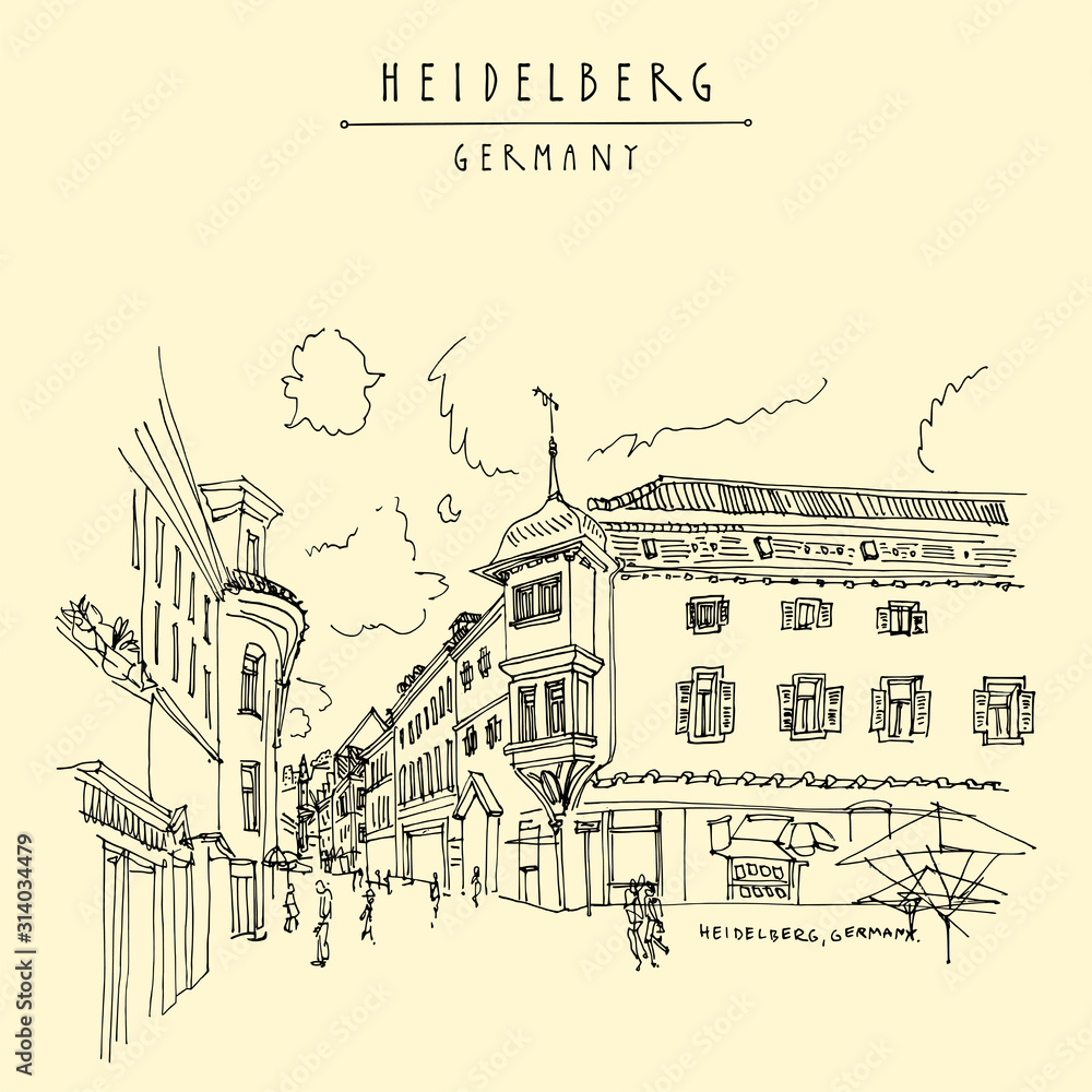 Heidelberg, Germany, Europe. Town square with side walk cafes in the old town. Travel sketch of vintage street and baroque buildings. Vintage hand drawn postcard Heidelberg, Germany, Europe. Town square with side walk cafes in the old town. Travel sketch of vintage street and baroque buildings. Vintage hand drawn postcard