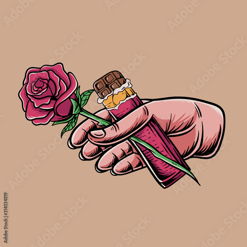 Hand holding a rose and chocolate bar vector illustration. Valentine's day concept. Cartoon Vintage style. Romance illustration for tshirt design, sticker, poster or greeting card