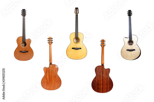 wood texture of lower deck of six strings acoustic guitar on isolated on white background. guitar shape