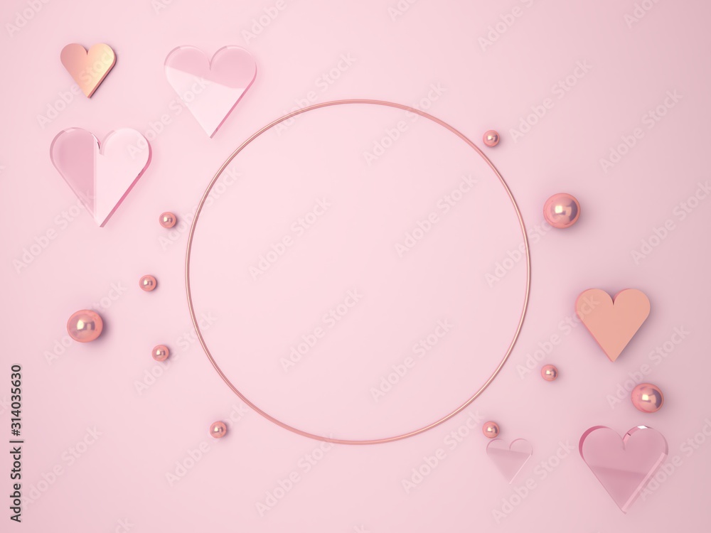 3d minimal Valentine’s scene, romantic hearts falling. Abstract scene gold pink and glass shapes with blank space for banner, pink pastel colors backgroud. Empty mock up, love card concept. 3d render.