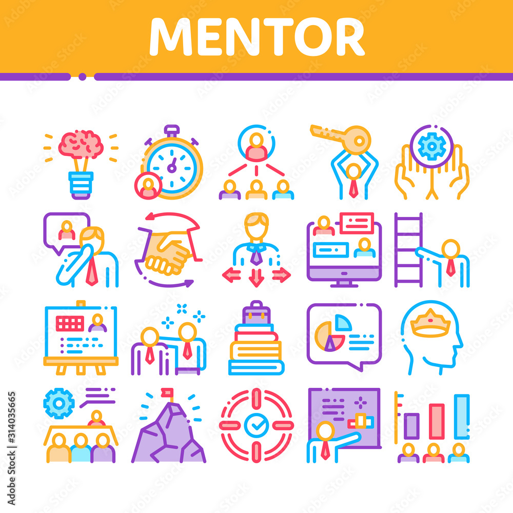 Mentor Relationship Collection Icons Set Vector Thin Line. Human Holding Key And Gear, Stopwatch And Mountain With Flag, Mentor Concept Linear Pictograms. Color Contour Illustrations