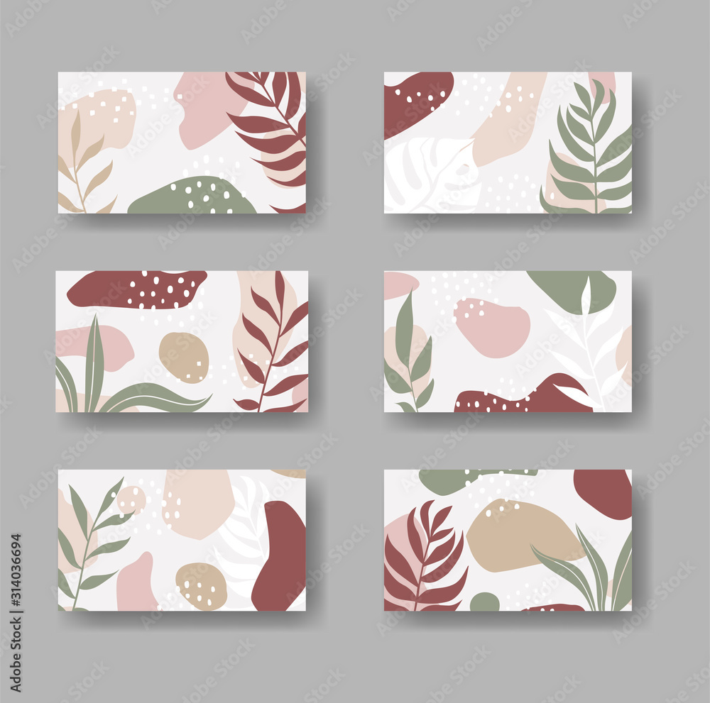 Set of six vector business cards with abstract forms and leaves ornament