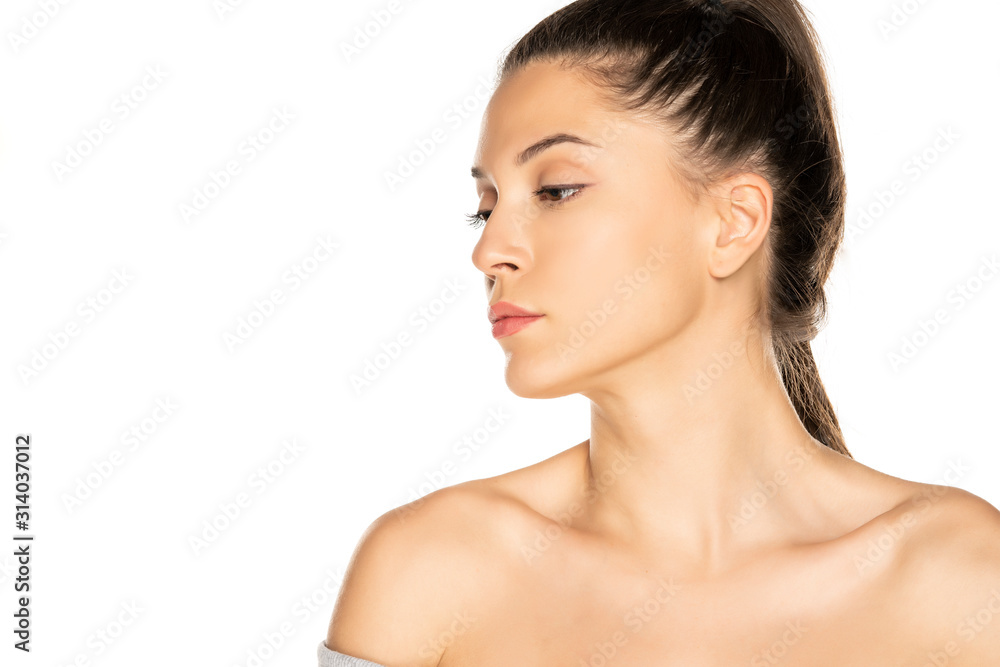 Portrait of young beautiful woman on white background Portrait of young beautiful woman on white background
