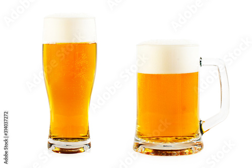 A pint of beer and glass of beer isolated on white background.