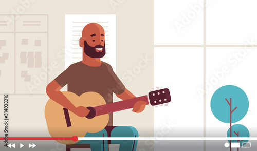 musical blogger recording online video stream for vlog male african american vlogger playing guitar blogging concept portrait horizontal vector illustration