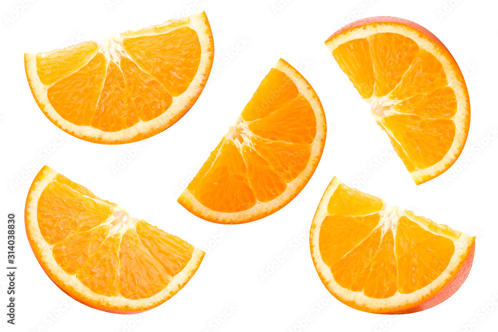 Collection Orange slice falling isolated on white with clipping path. Collection Orange slice falling isolated on white with clipping path.