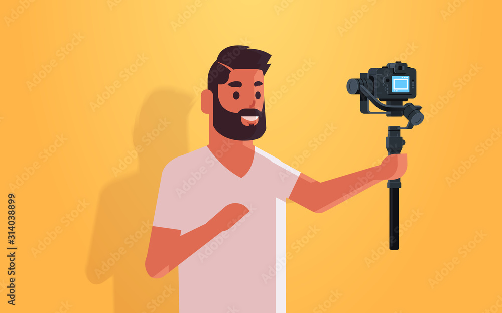 man blogger holding stabilizer with camera live streaming broadcast social media networking concept streamer recording video taking selfie photo portrait horizontal vector illustration man blogger holding stabilizer with camera live streaming broadcast social media networking concept streamer recording video taking selfie photo portrait horizontal vector illustration
