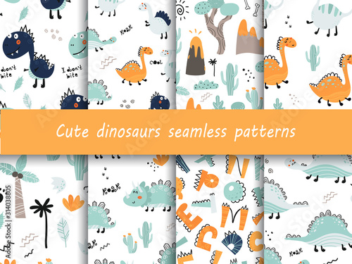 Set of seamless patterns with cute dinosaurs.