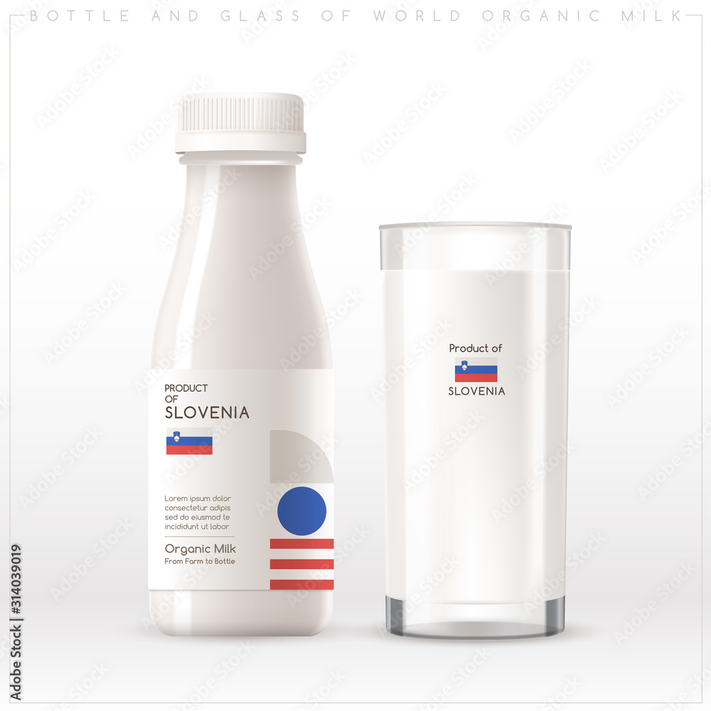 Bottle and glass of world organic milk with geometrical pattern on the label isolated on white background : Vector Illustration Bottle and glass of world organic milk with geometrical pattern on the label isolated on white background : Vector Illustration