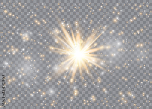 Light glow effect stars. Vector sparkles on transparent background. Christmas abstract pattern. Sparkling magic dust particles. 