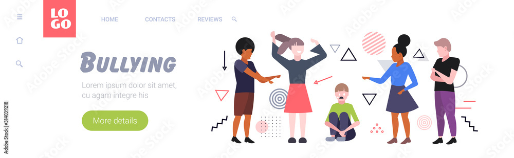 depressed girl being bullied by mix race schoolmates peer violence victim of bullying mocking public disapproval censure concept full length horizontal copy space vector illustration depressed girl being bullied by mix race schoolmates peer violence victim of bullying mocking public disapproval censure concept full length horizontal copy space vector illustration