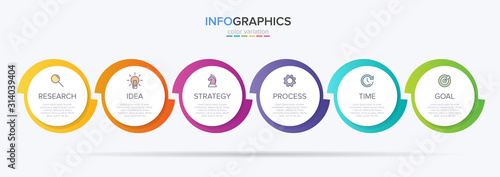 Concept of arrow business model with 6 successive steps. Six colorful graphic elements. Timeline design for brochure, presentation. Infographic design layout