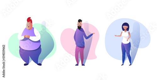 set different body type people standing pose smiling men woman in casual clothes female male cartoon characters full length horizontal vector illustration