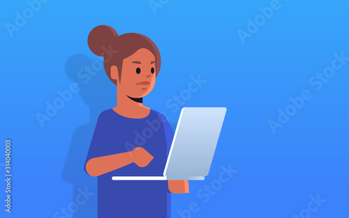 woman holding laptop video calling working online girl using digital device portrait horizontal vector illustration