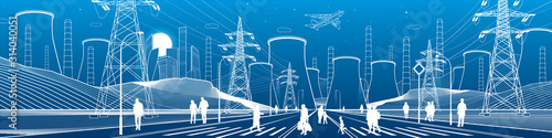 City life scene. Energy illustration. Thermal power plant. Factory pipes. Power line. Illuminated higway. People walking. Infrastructure urban panorama. Vector design art