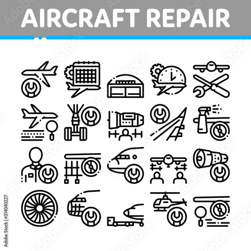 Aircraft Repair Tool Collection Icons Set Vector Thin Line. Aircraft Engine And Chassis, Helicopter And Airplane, Master And Hangar Concept Linear Pictograms. Monochrome Contour Illustrations