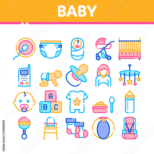 Baby Clothes And Tools Collection Icons Set Vector Thin Line. Baby And Pregnancy Woman, Stroller And Diaper, Toys And Nipple Concept Linear Pictograms. Color Contour Illustrations