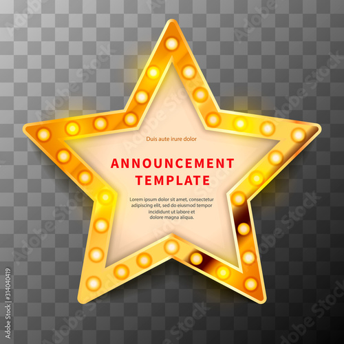 Star shaped gold frame with lighting bulbs, template in vintage style on transparent background