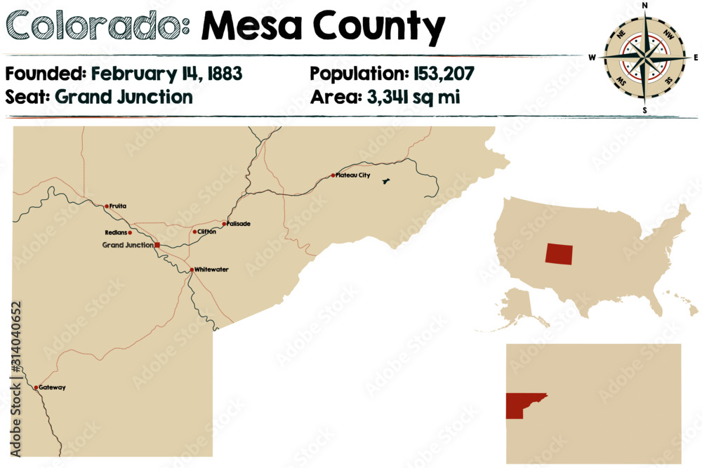 Large and detailed map of Mesa county in Colorado, USA. Stock Vector