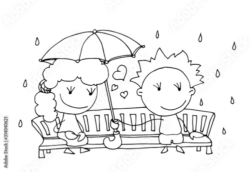 Coloring book for kids - smiling boy holding an umbrella over a girl. Valentines day. 14 February. Black and white cute cartoon hand drawing kids. Vector illustration