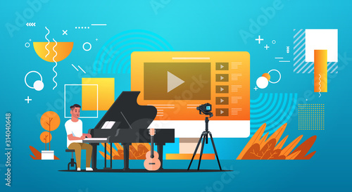 musical blogger recording online video for vlog male vlogger playing classical piano blogging concept full length horizontal vector illustration