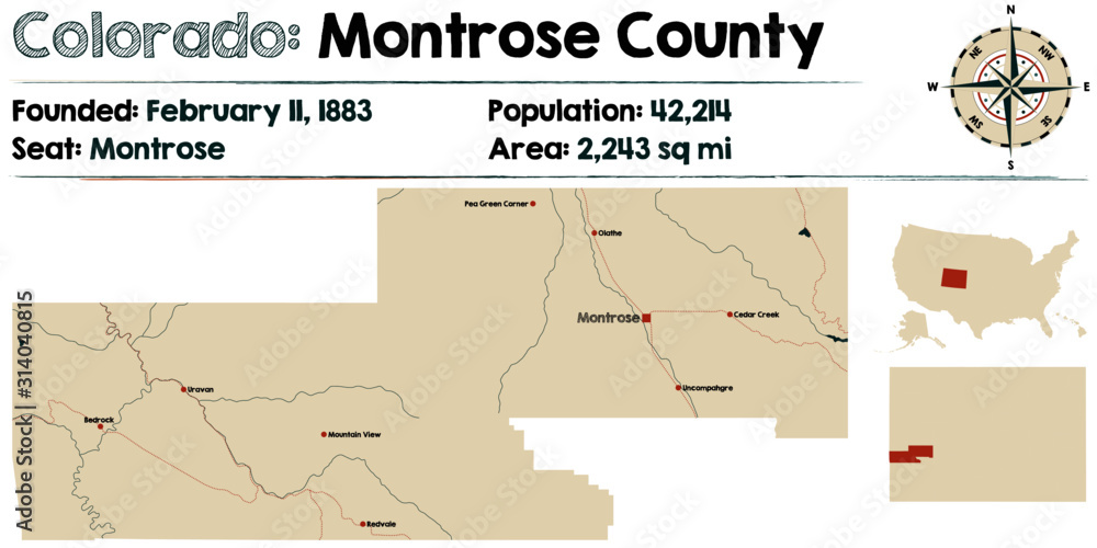 Large and detailed map of Montrose county in Colorado, USA.
