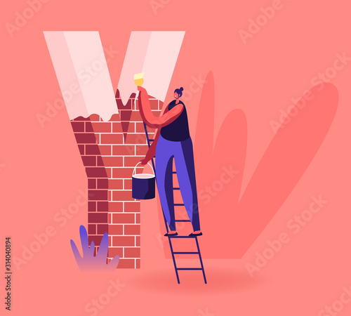 Happy Smiling Woman Stand On Ladder Holding Bucket With Paint And Brush Painting Huge Letter Y Made Of Red Bricks Education Font Spell Thank You Word Spelling Cartoon Flat Vector Illustration Stock