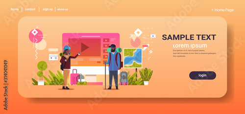 travel bloggers recording online video for vlog man woman vloggers couple with backpacks hiking blogging concept full length horizontal copy space vector illustration
