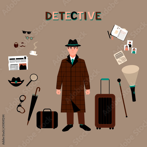 Detective accessories in retro style on background. Cartoon private detective. Vector illustration collection set.