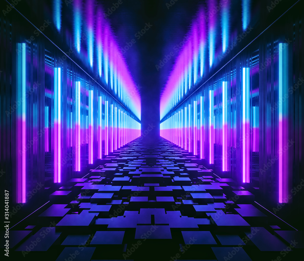 Futuristic sci fi Big Hall Room with pink and blue neon lights tunnel abstract background. 3d rendering