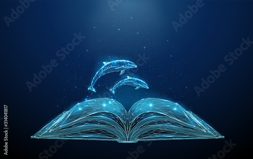 Abstract polygonal open book with jumping dolphins