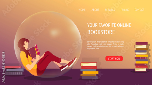 Web page design for book lovers, bookstore and bookshop, reading. Young woman sitting in bubble and reading book. Vector illustration can be used for poster, banner, website, commercial.