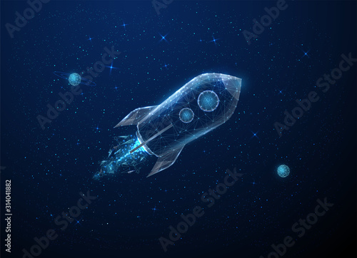 Abstact rocket flying in the space. Low poly style design