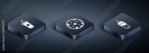 Set Isometric Paper glass with drinking straw and water, Glass of lemonade with drinking straw and Pizza icon. Vector