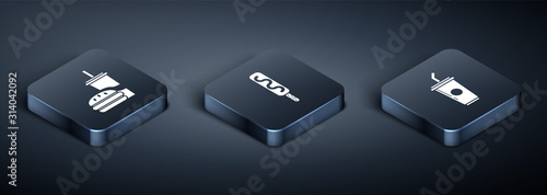 Set Isometric Paper glass with drinking straw and burger, Paper glass with drinking straw and water and Ice cream icon. Vector