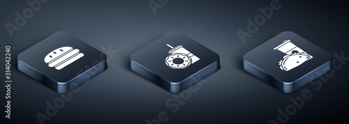 Set Isometric Burger, Paper glass and taco with tortilla and Paper glass with drinking straw and donut icon. Vector