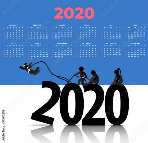 Calendar for 2020. Group of climbers jumping down from big numbers 2020
