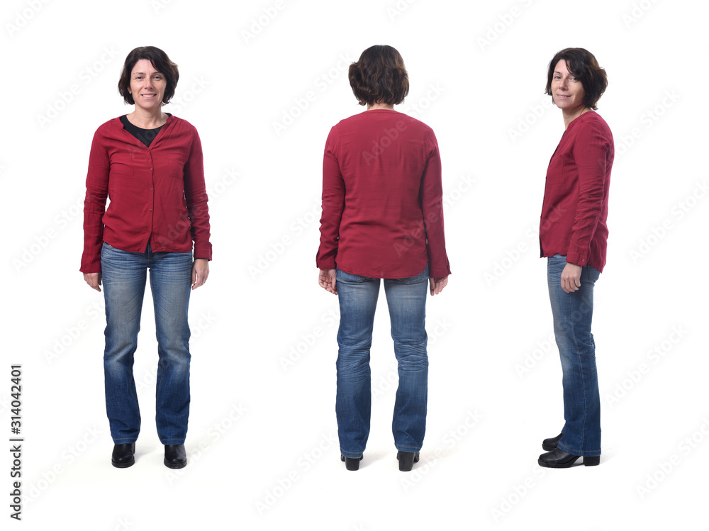 woman with jeans front,sideways and back on white woman with jeans front,sideways and back on white