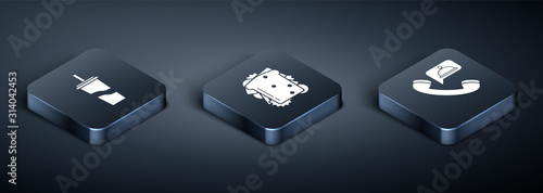 Set Isometric Paper glass with drinking straw and water, Food ordering and Sandwich icon. Vector