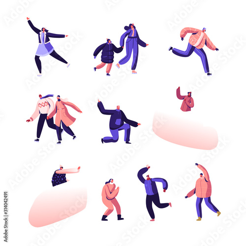 Winter Holidays Recreation Set. Happy People in Warm Clothes Skating on Ice Rink Engaged Winter Activities and Sports. Festive Season Family Spare Time Snow Ball Fight Cartoon Flat Vector Illustration