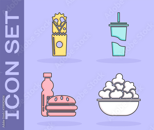 Set Popcorn in bowl, Doner kebab, Bottle of water and burger and Paper glass with drinking straw and water icon. Vector