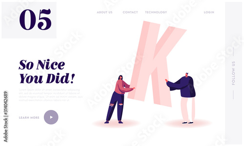 Gratitude for Good Job or Service Website Landing Page. Woman and Man in Casual Clothing Hold Huge Letter K in Hand. Thank You Typography and Spelling Web Page Banner. Cartoon Flat Vector Illustration