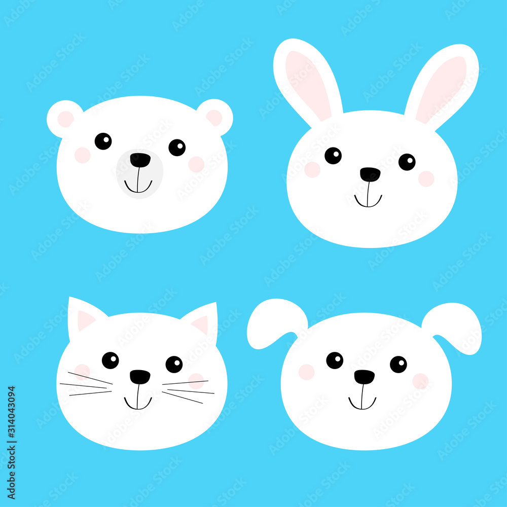 Cat kitten, bear, dog, rabbit hare. Animal head face round icon set. White color. Cute cartoon kawaii funny baby character. Flat design. Isolated. Blue background.